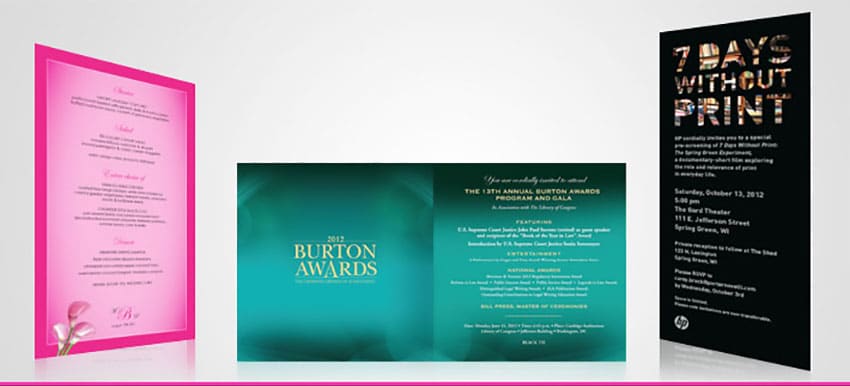 A collection of custom printed invitations and announcements for weddings and corporate events by Digital City Printing in NYC.
