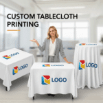 Elevate Your Brand: The Ultimate Guide to Custom Printed Tablecloths from Digital City Printing 5 White trade show tablecloths with bold custom text and printed logos, including “CUSTOM TABLECLOTH PRINTING” and “LOGO” branding.