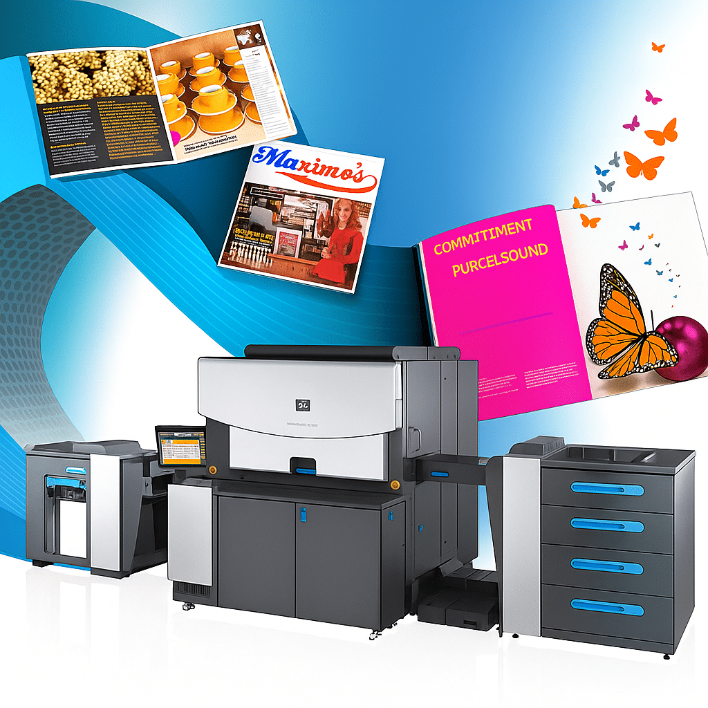 HP Indigo digital printing press producing high-quality brochures, booklets, and custom prints at Digital City Printing in New York City