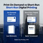 Print On Demand (POD) vs. Short-Run Digital Printing: Which is Right for Your Project? 4 Blue and gray comparison graphic for Print On Demand (POD) vs Short-Run Digital Printing, showing On-Demand 1-100 units and Short-Run 100-500 units.