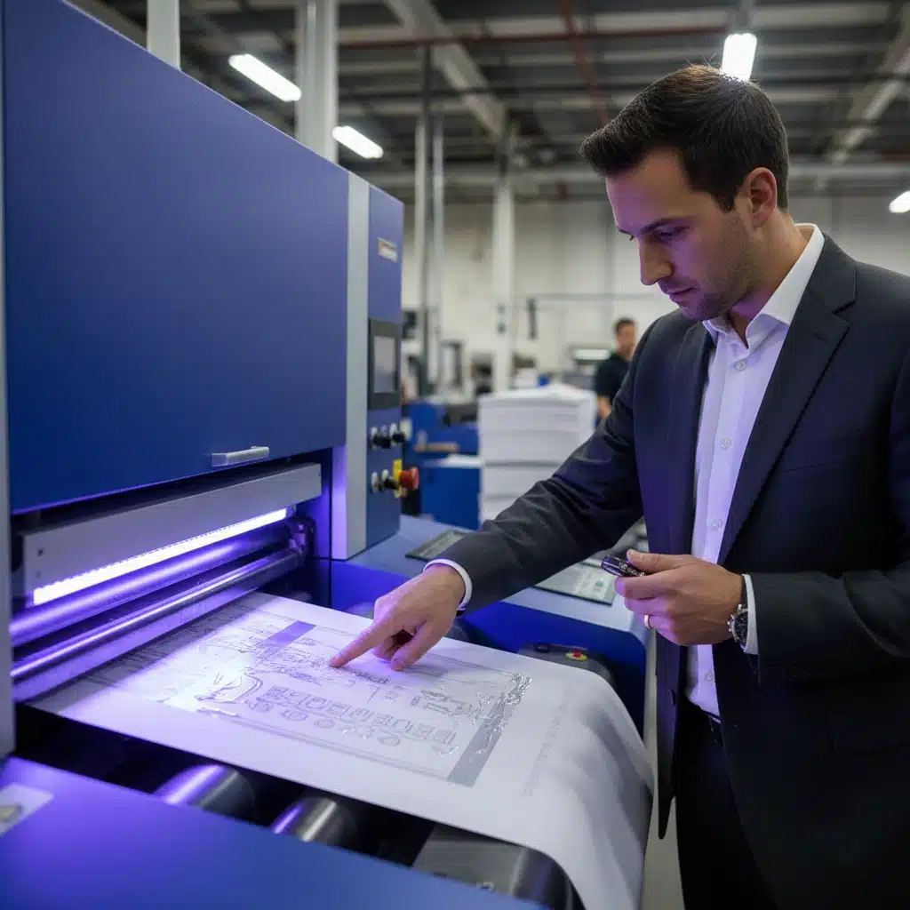 Cold Foil Printing Process at Digital City Printing NYC Professional in grey suit observing Cold Foil Printing adhesive curing under UV light on a digital press in Manhattan.