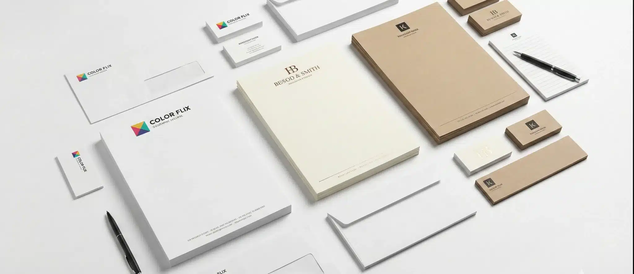 A professional display of custom printed business letterheads, matching envelopes, and note pads on a clean white background. The stationery features various corporate logos and branding styles available at Digital City Printing in Midtown Manhattan.