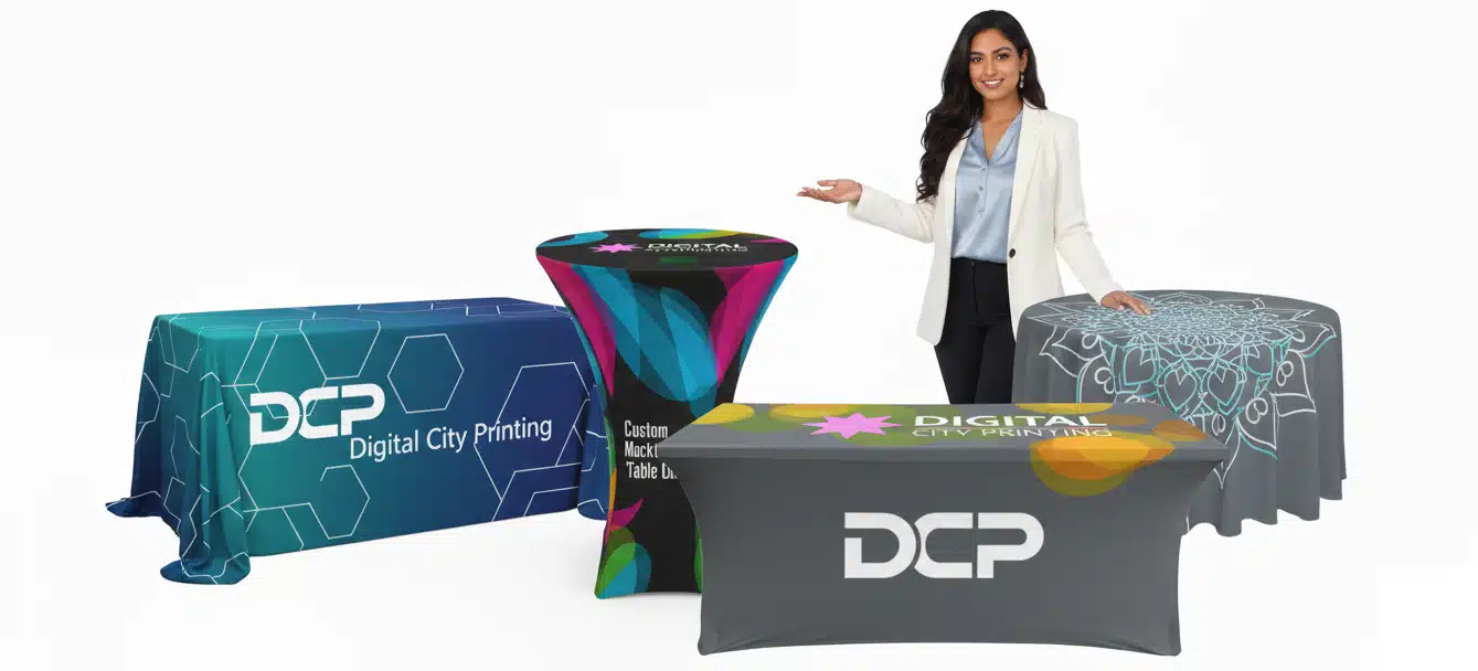 Banner image showcasing various custom tablecloths from Digital City Printing: fitted, stretch, standard table throws, and table runners, with professionals at event booths.