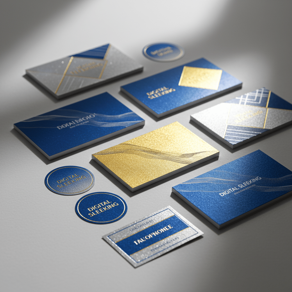 Digital Sleeking: Premium Short Run Foil Printing & Labels Assortment of luxury business cards and labels with blue, silver, and gold digital foil accents.