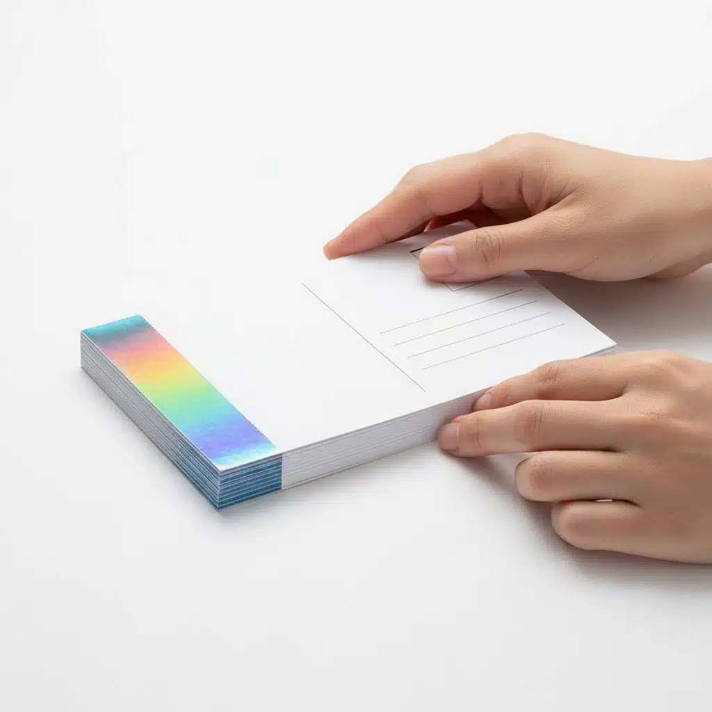Holographic Color Foil Postcards for Dynamic NYC Marketing Professional hands touching a stack of white and blue postcards with a holographic foil element, showcasing rainbow sheen.