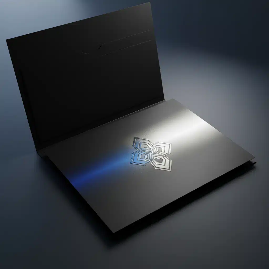 Luxury Metallic CMYK Presentation Folder Printing High-end black presentation folder with a metallic blue to silver CMYK gradient foil logo.