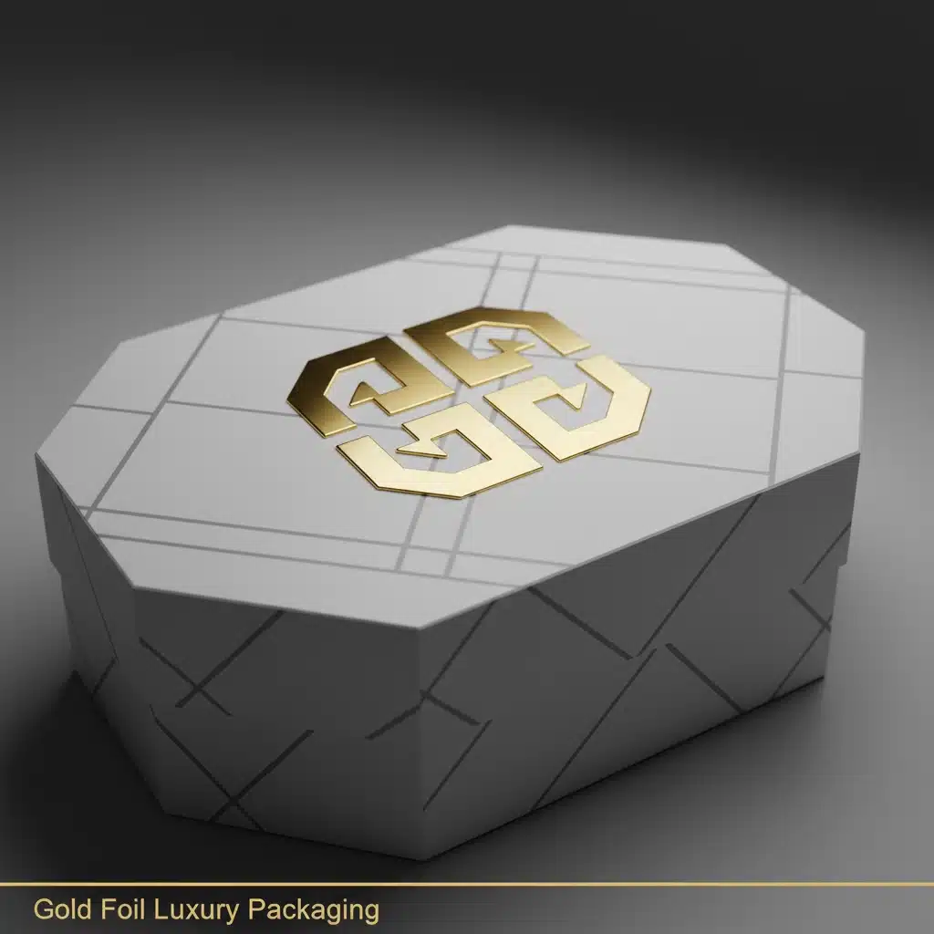 Raised Foil Packaging Printing White and grey luxury packaging box with a raised gold foil logo application. Raised Foil Packaging Printing