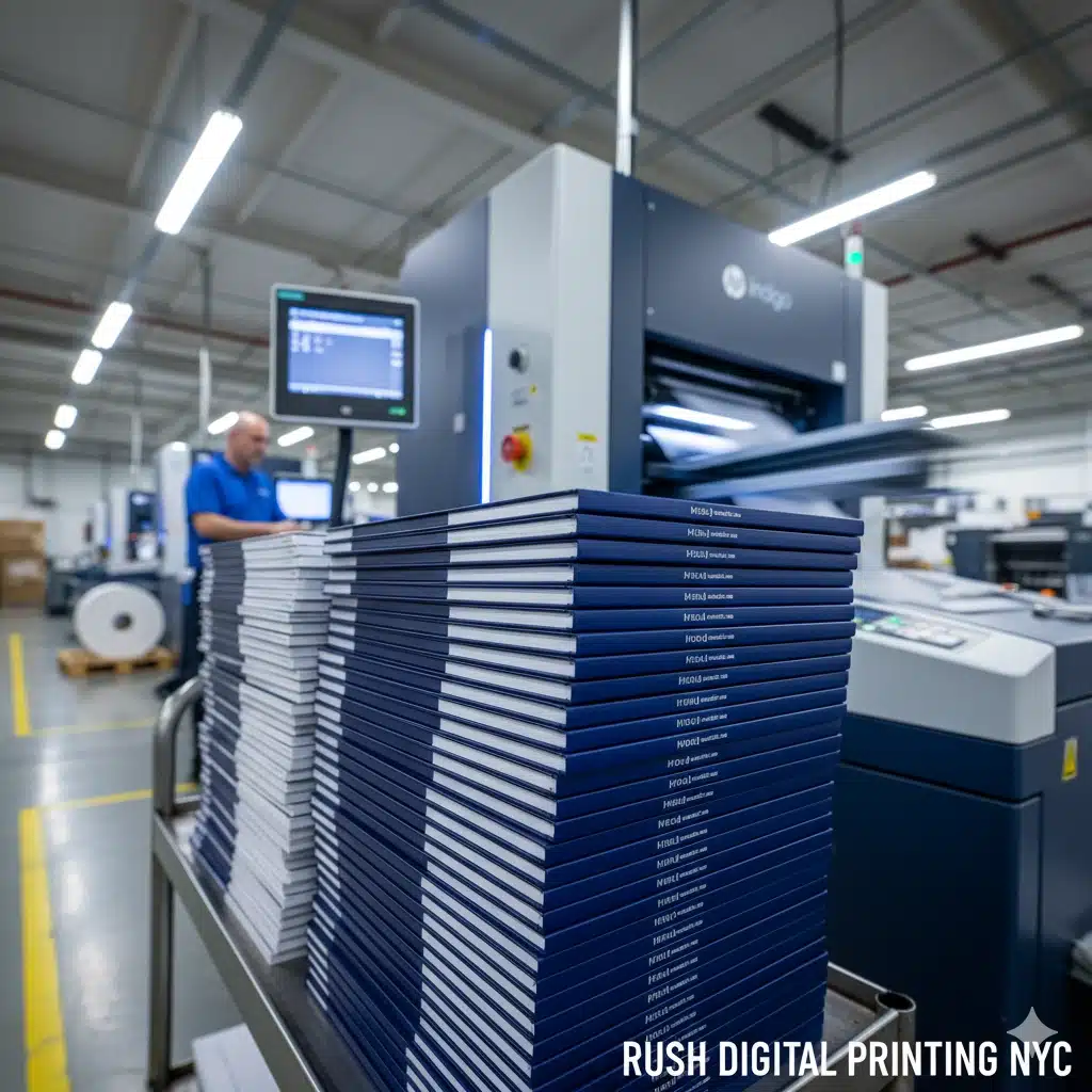 Rush Digital Pitch Book Printing NYC Stack of freshly printed, perfect-bound pitch books next to an HP Indigo press, emphasizing rush digital printing speed.