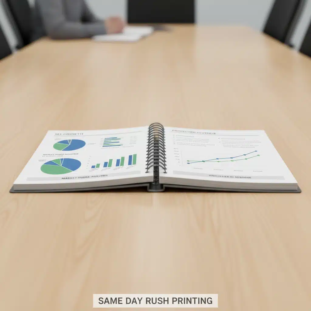 Same Day Wire-O Pitch Book Printing Manhattan Professional Wire-O bound pitch book laying flat on a desk, showcasing financial charts and graphs for same-day printing.