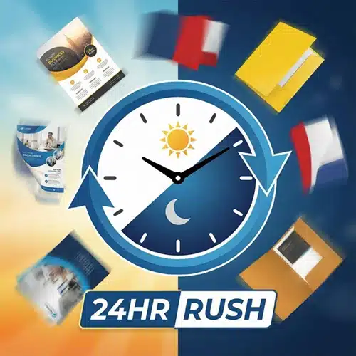 Rush Printing 5 Graphic illustration of a 24-hour clock cycle with sun and moon, surrounded by flyers and folders, labeled "24HR RUSH".
