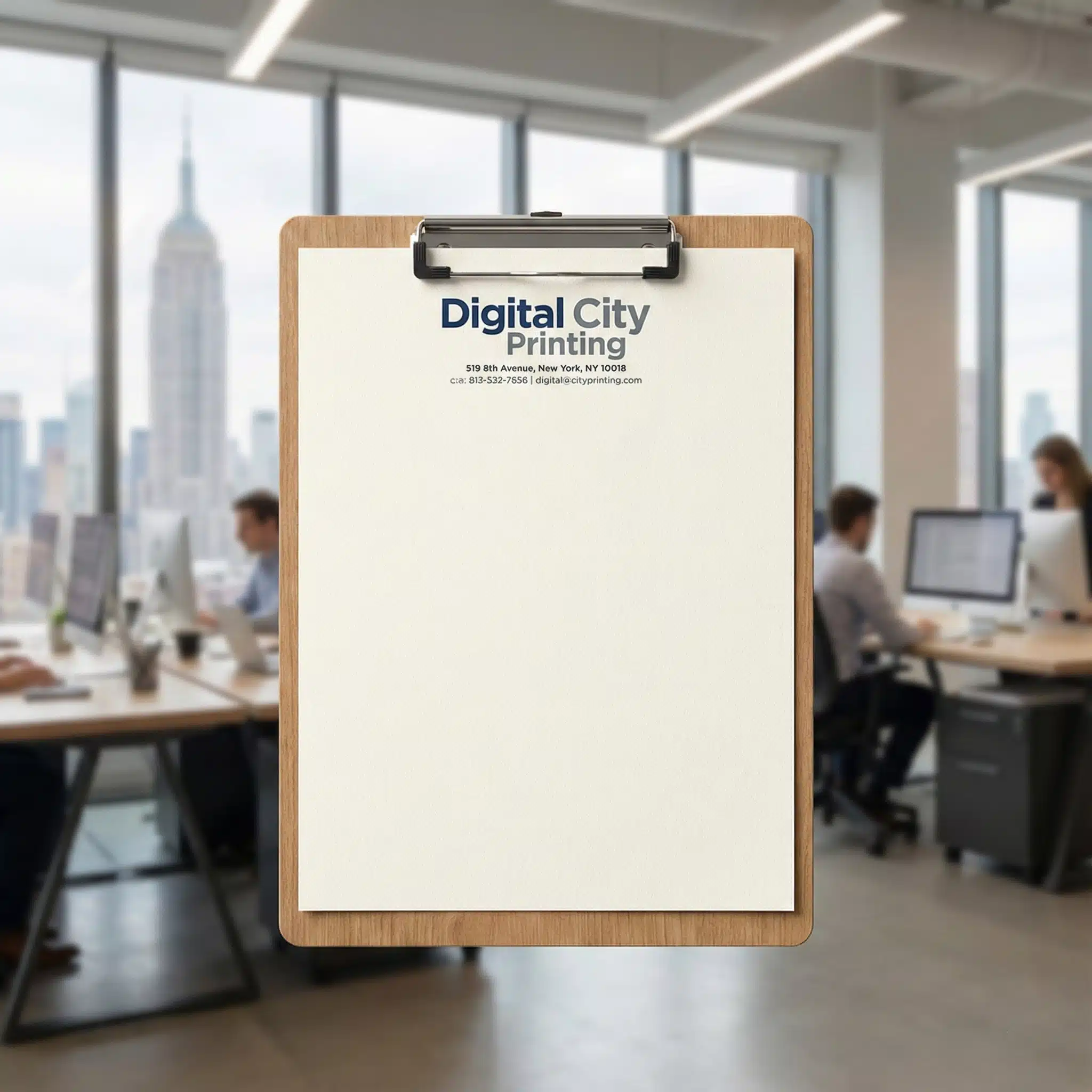 Modern Office Stationery Branding Branded letterhead on clipboard in modern office