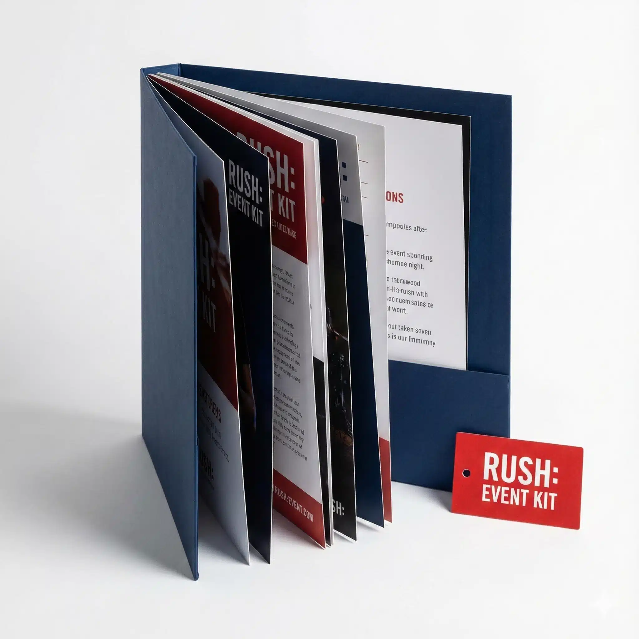 Open Press Kit Folder Overhead View Top-down view of an open presentation folder showing two pockets and inserted documents.