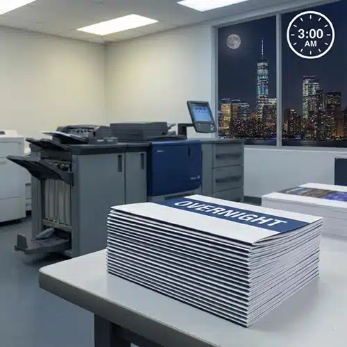 Rush Printing 4 Stack of finished booklets labeled "OVERNIGHT" inside a printing facility with the NYC skyline visible through a window at night.