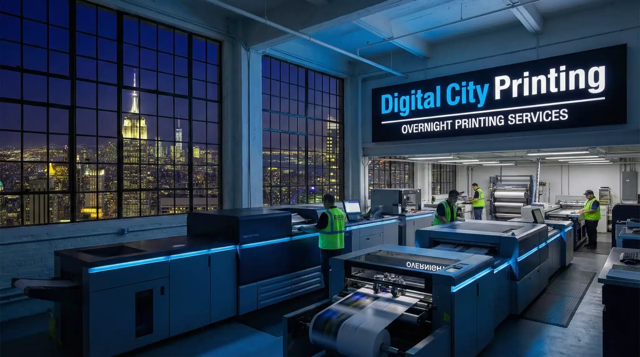 Night Shift Printing NYC Digital City Printing facility interior with illuminated NYC night skyline.