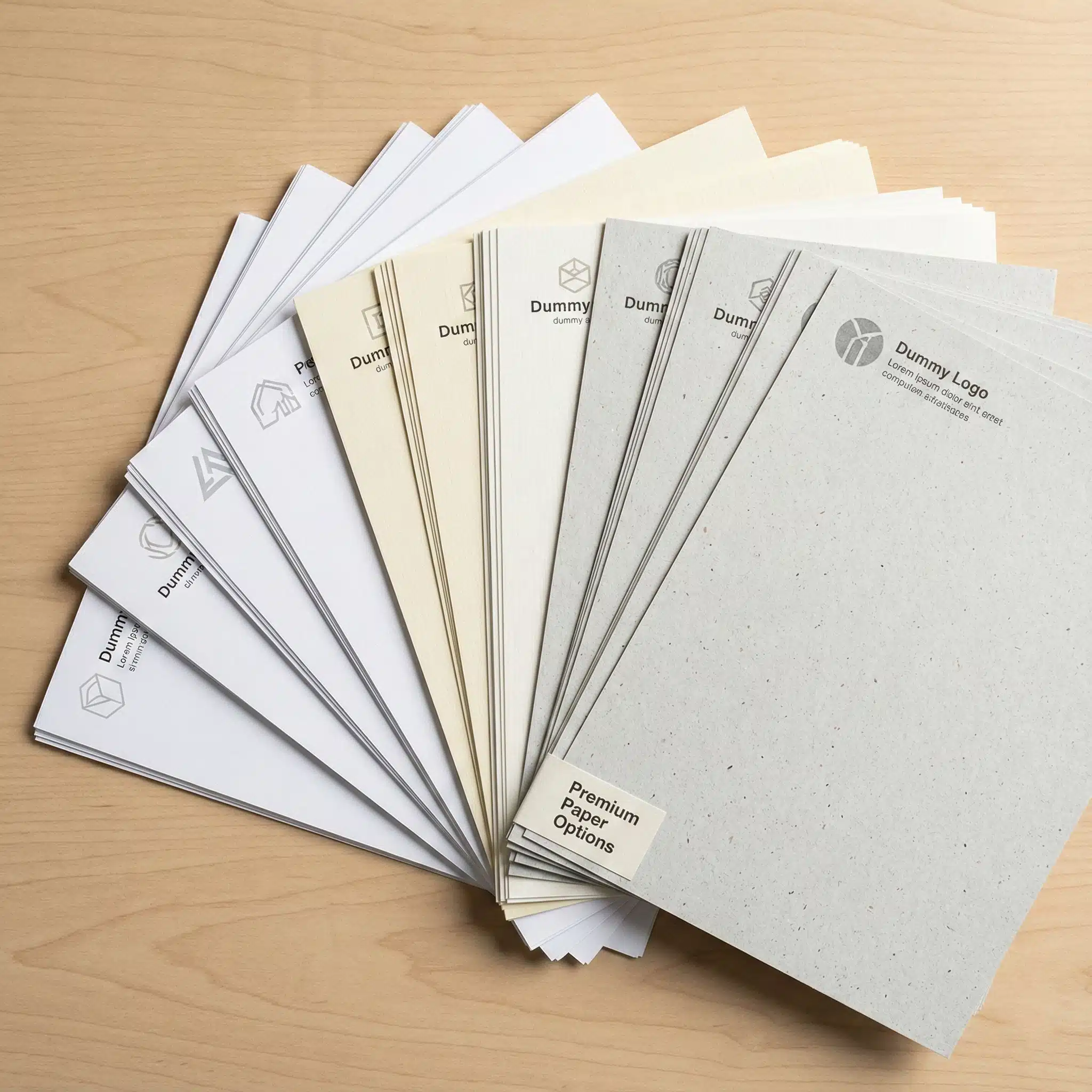 Premium Paper Stock Selection Variety of premium paper stocks for letterhead printing