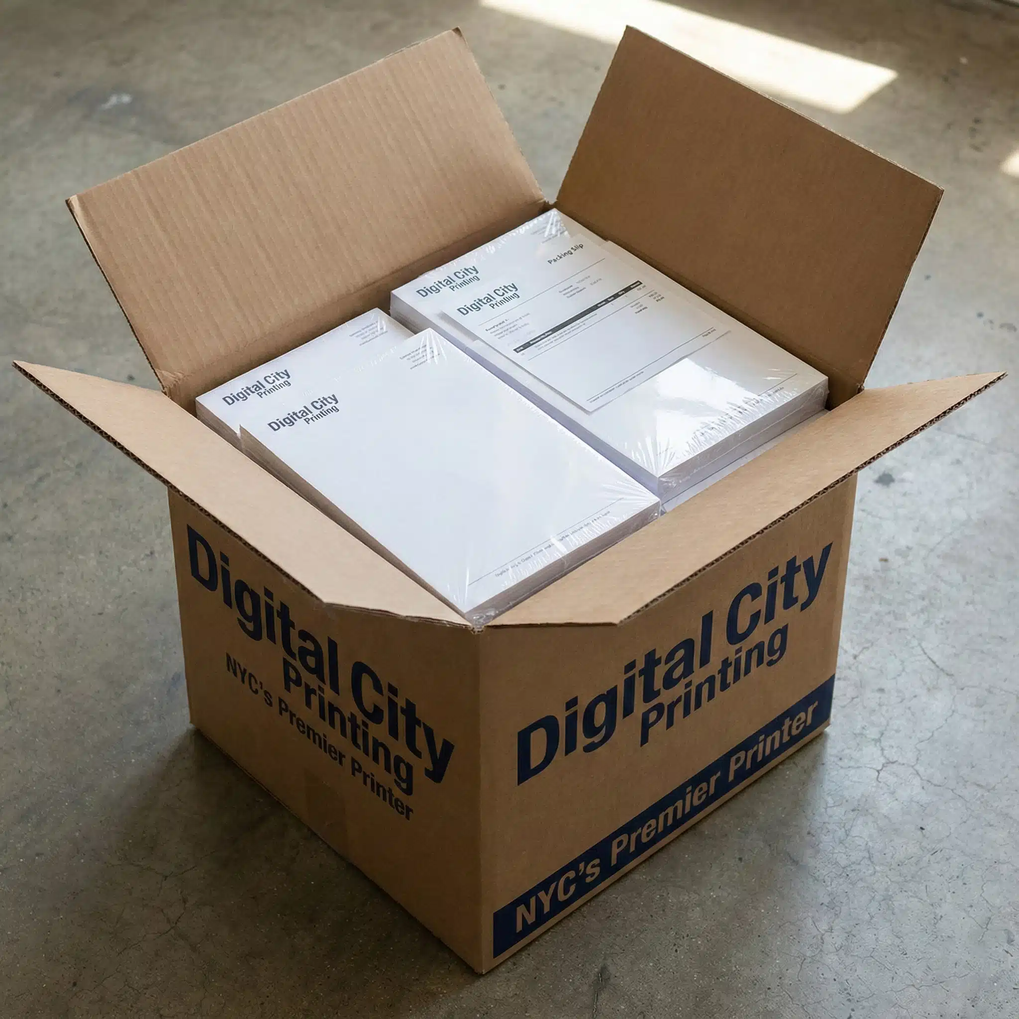 Rush Letterhead Delivery NYC Box of freshly printed letterheads ready for delivery