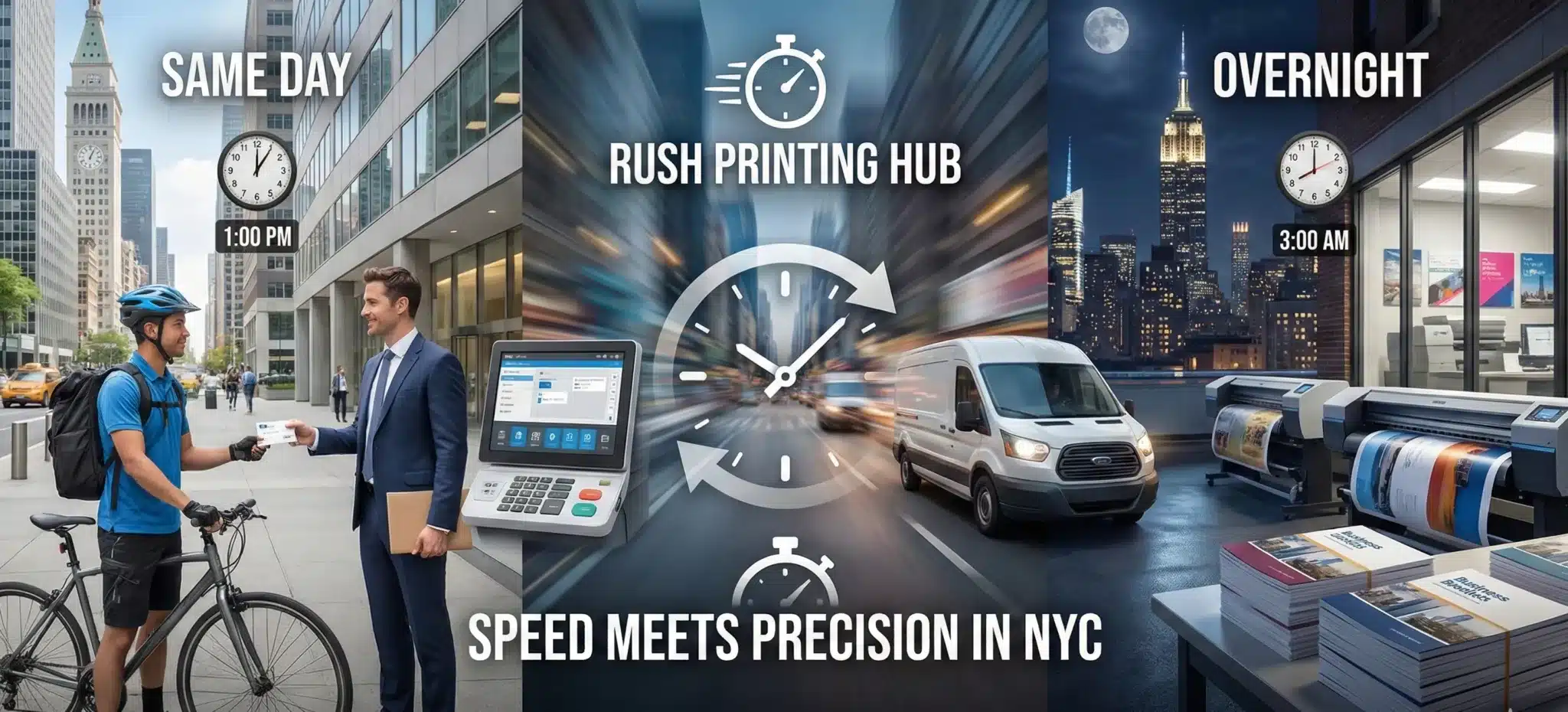 Rush Printing Services NYC – Same Day & Overnight Options Collage showing Digital City Printing rush services in NYC: a messenger delivering same day prints during the day, a fast delivery van for rush orders, and digital presses running overnight for 24-hour printing services.