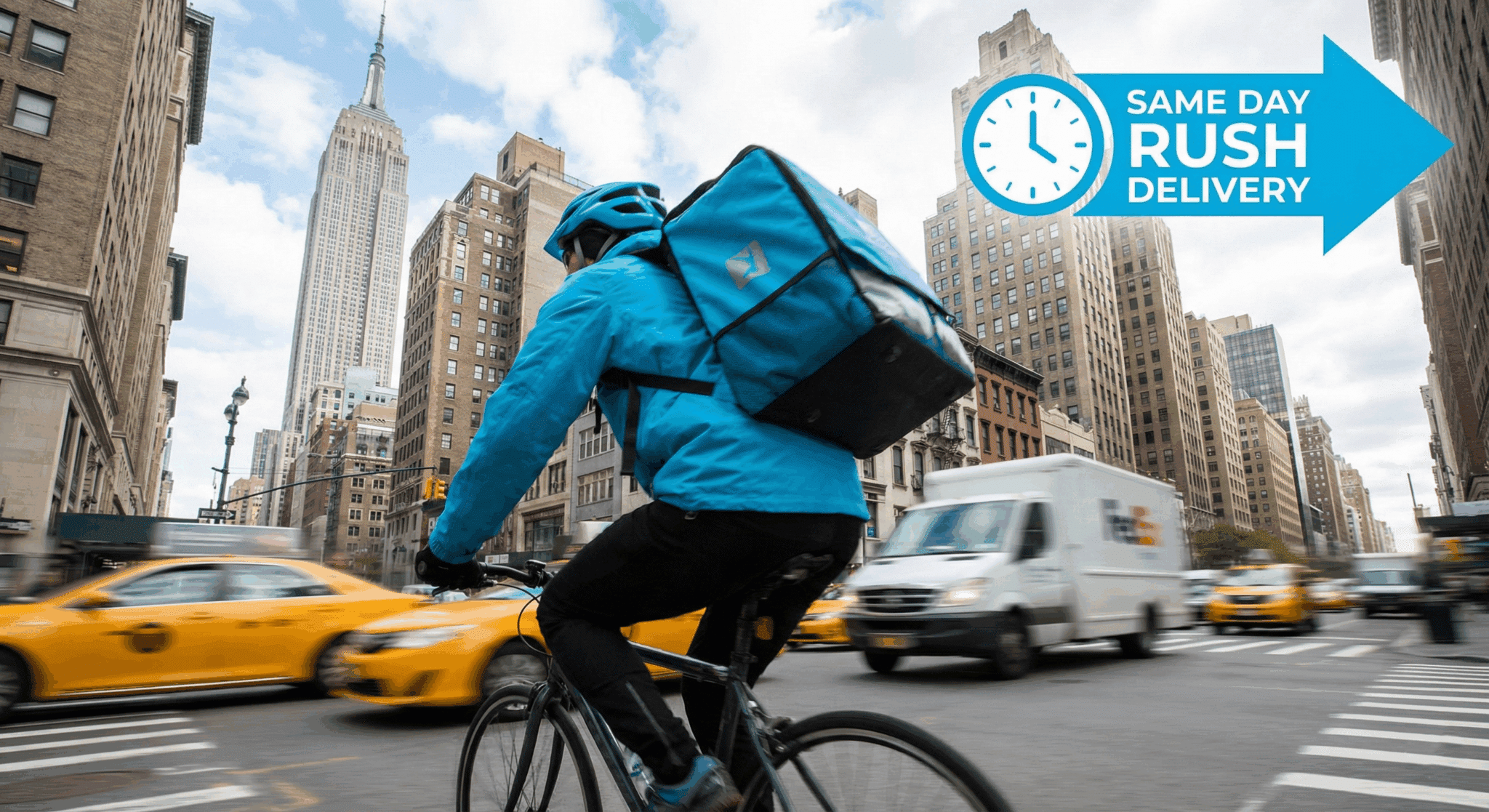 Same Day Rush Printing Delivery Service in NYC A bicycle messenger in a cyan blue jacket and bag speeding through New York City traffic near the Empire State Building, representing same day rush printing delivery services.