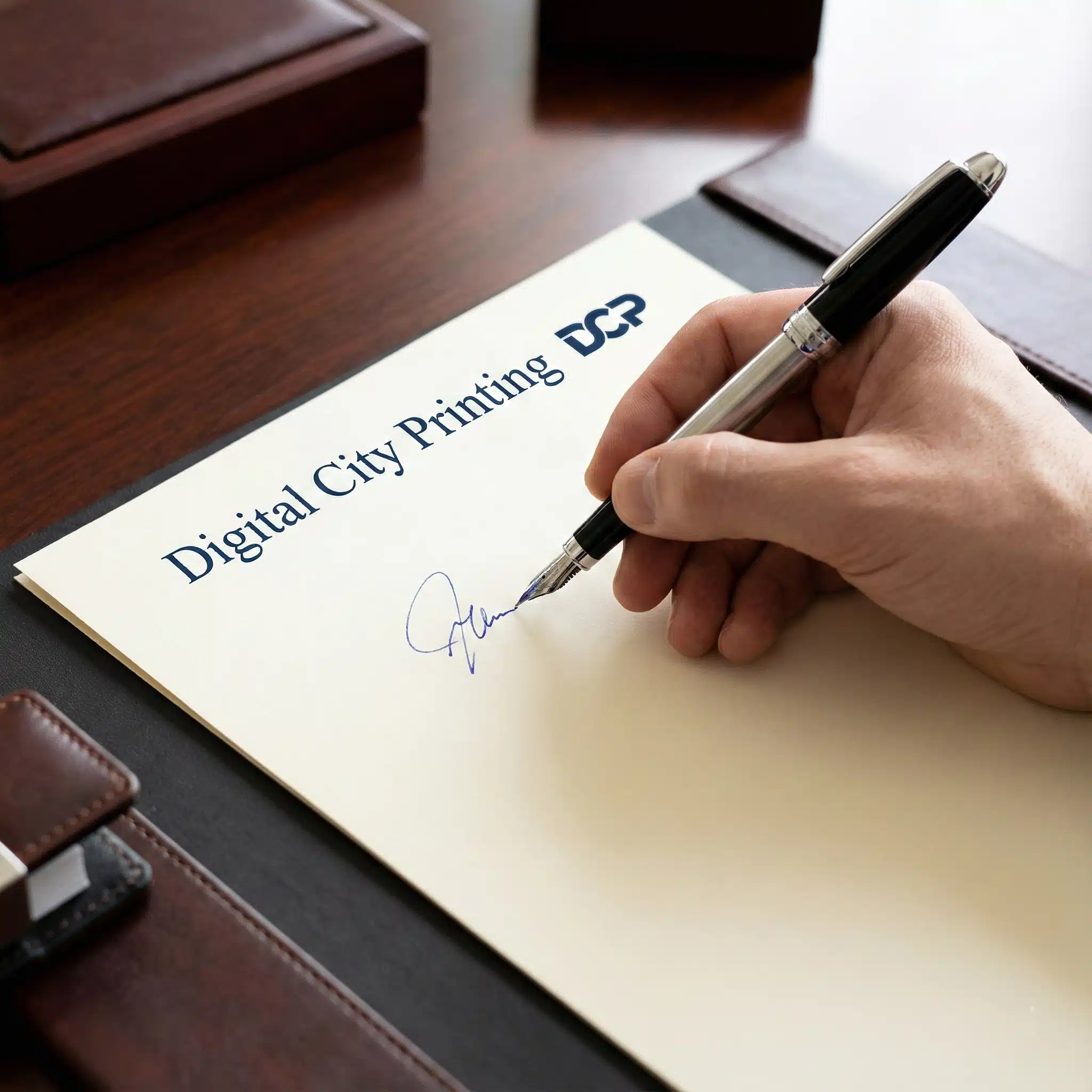 Professional Contract Signing Hand signing a contract on custom printed letterhead