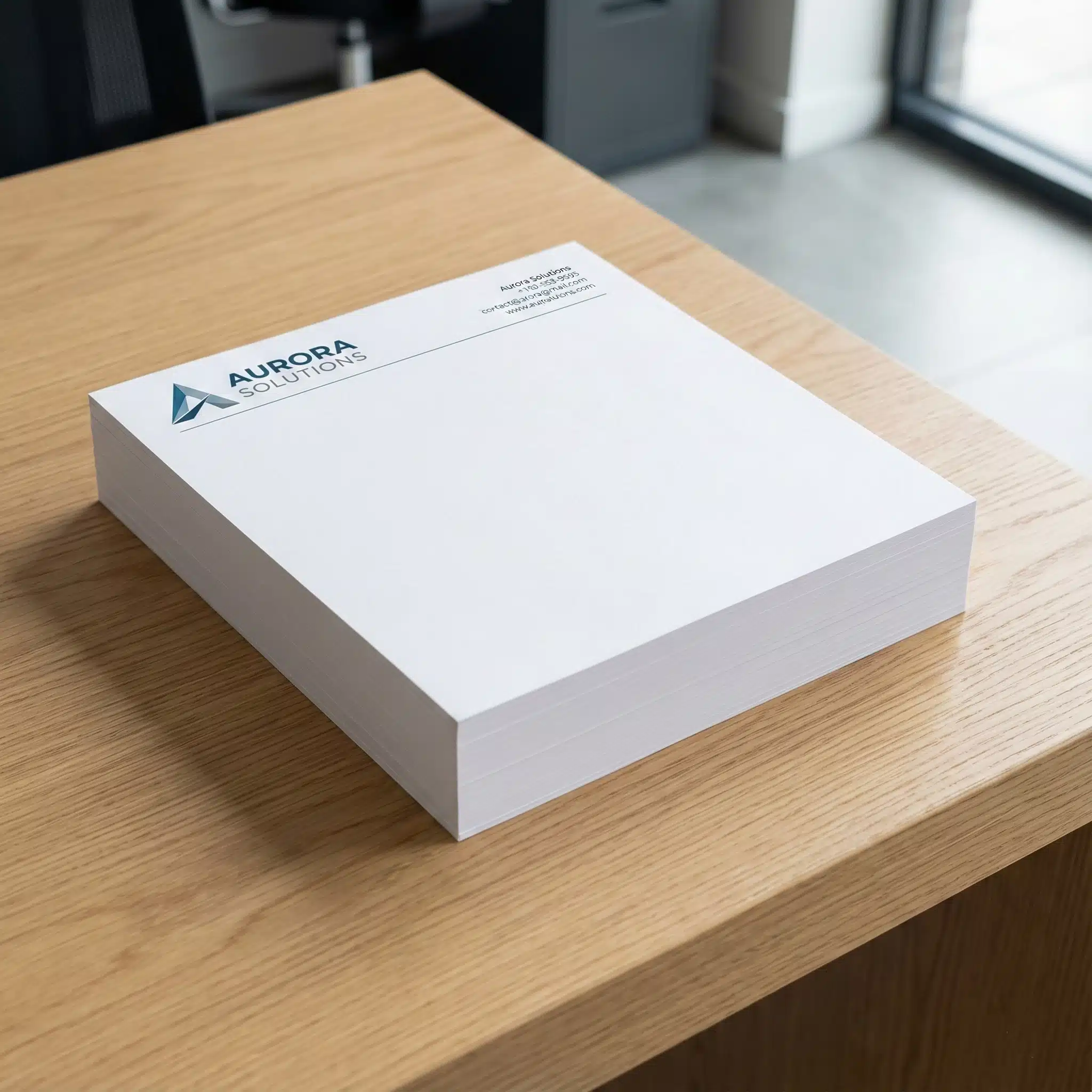 Corporate Letterhead Stack Manhattan Stack of custom printed corporate letterheads on desk