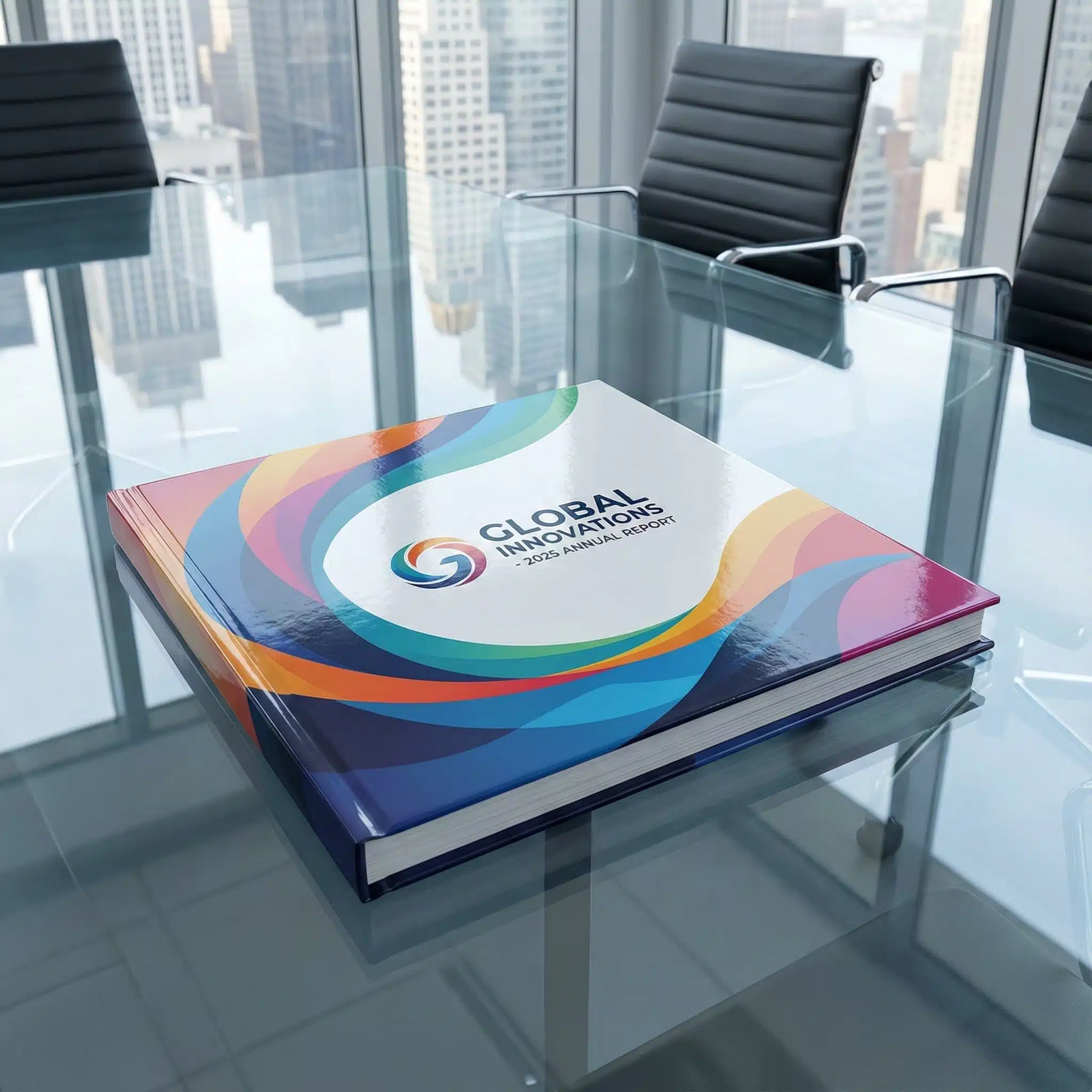 Corporate Annual Yearbook Design Corporate annual yearbook on a glass conference table with city skyline reflection.