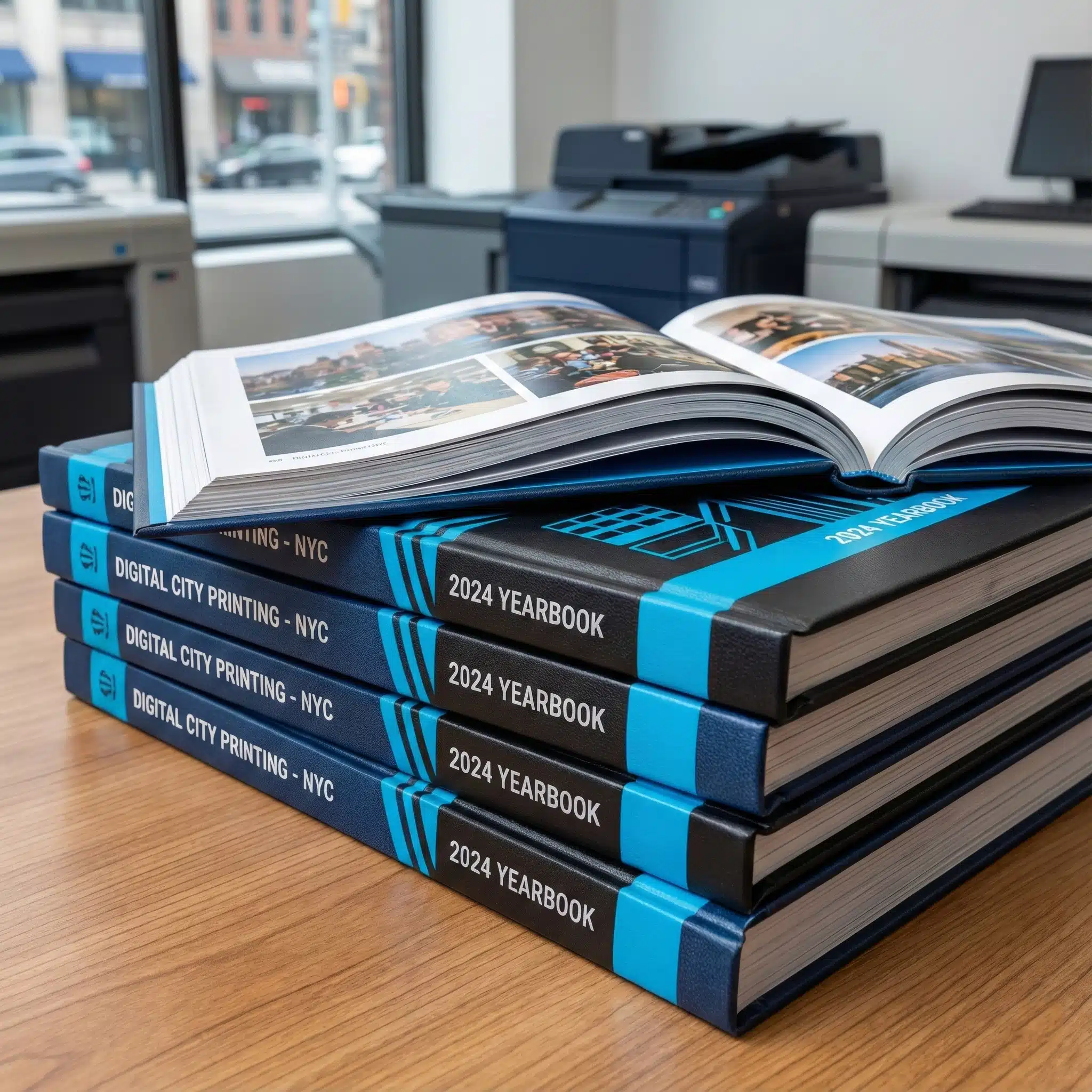 Glossy Hardcover Yearbook Printing Close-up photo of a glossy custom hardcover yearbook with deep cyan accents on a white table.