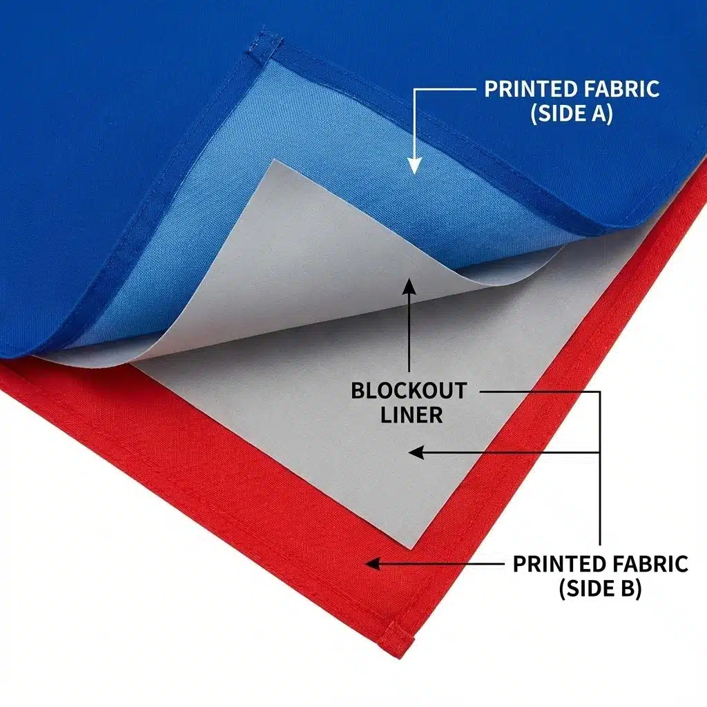 Double-Sided Flag Construction Diagram showing the three layers of a double-sided advertising flag: Print, Blockout Liner, and Print.