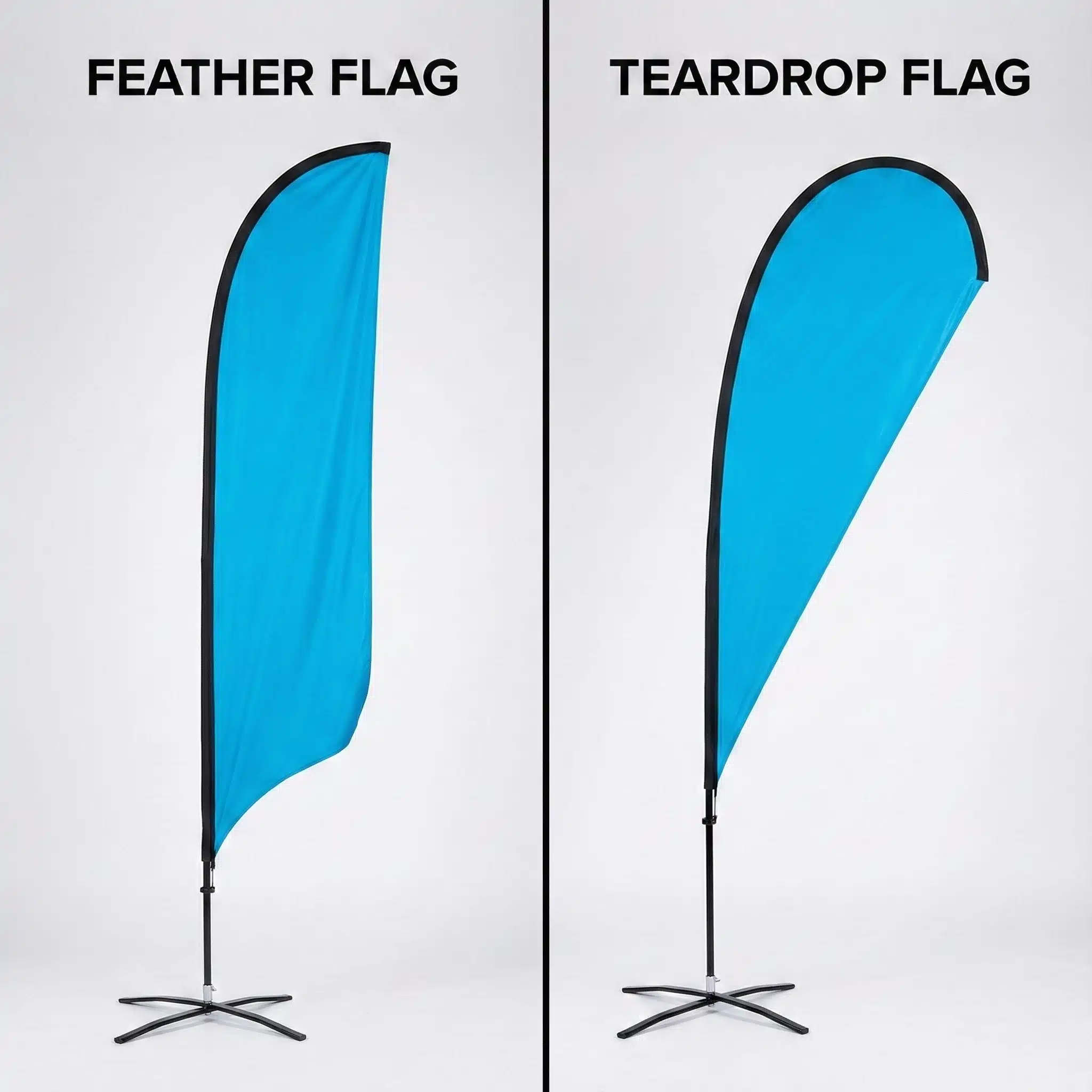 Feather Flag vs Teardrop Banner Shapes Side-by-side comparison of a Feather Flag shape versus a Teardrop Banner shape.