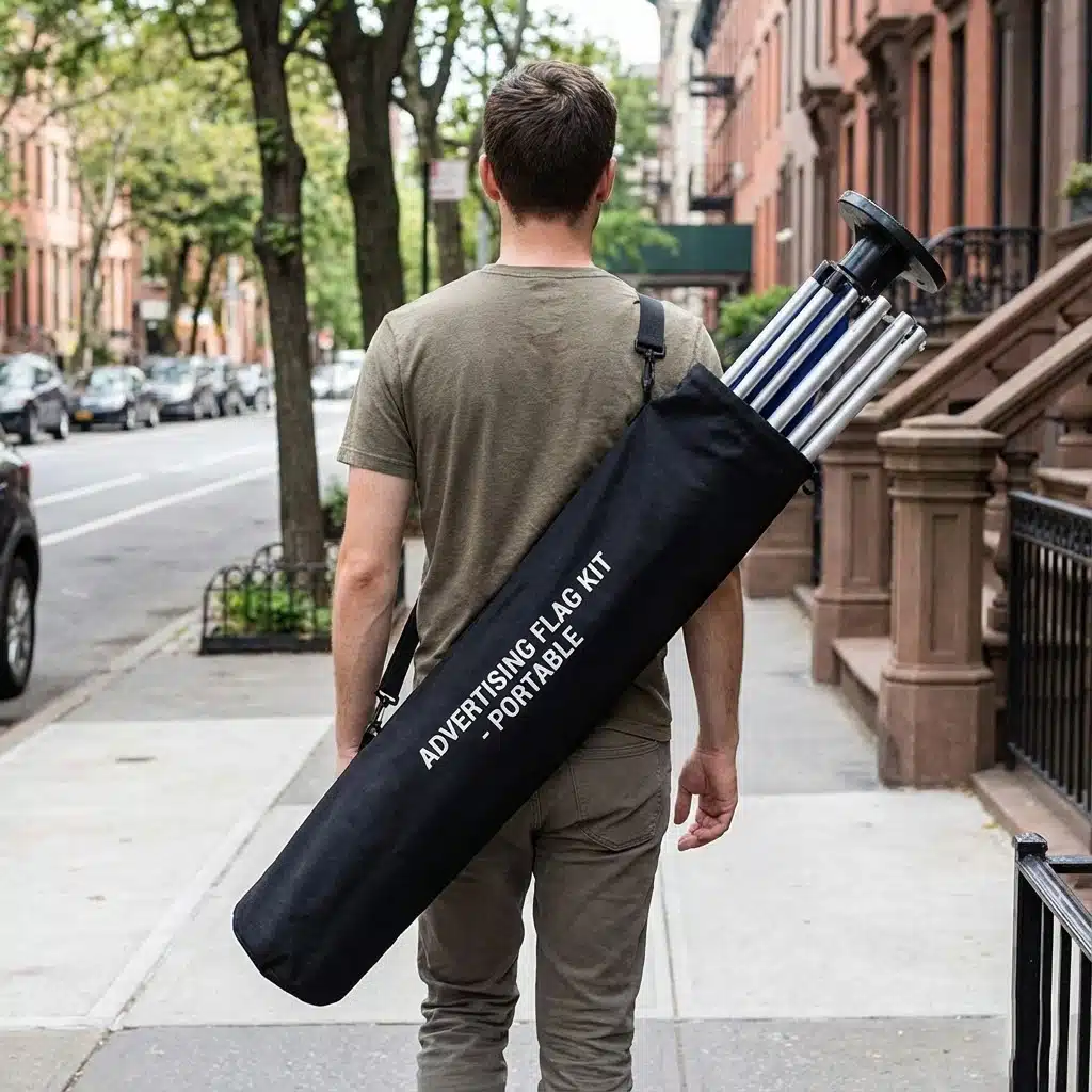 Portable Flag Kit Bag Person carrying a portable padded travel bag containing a feather flag kit.