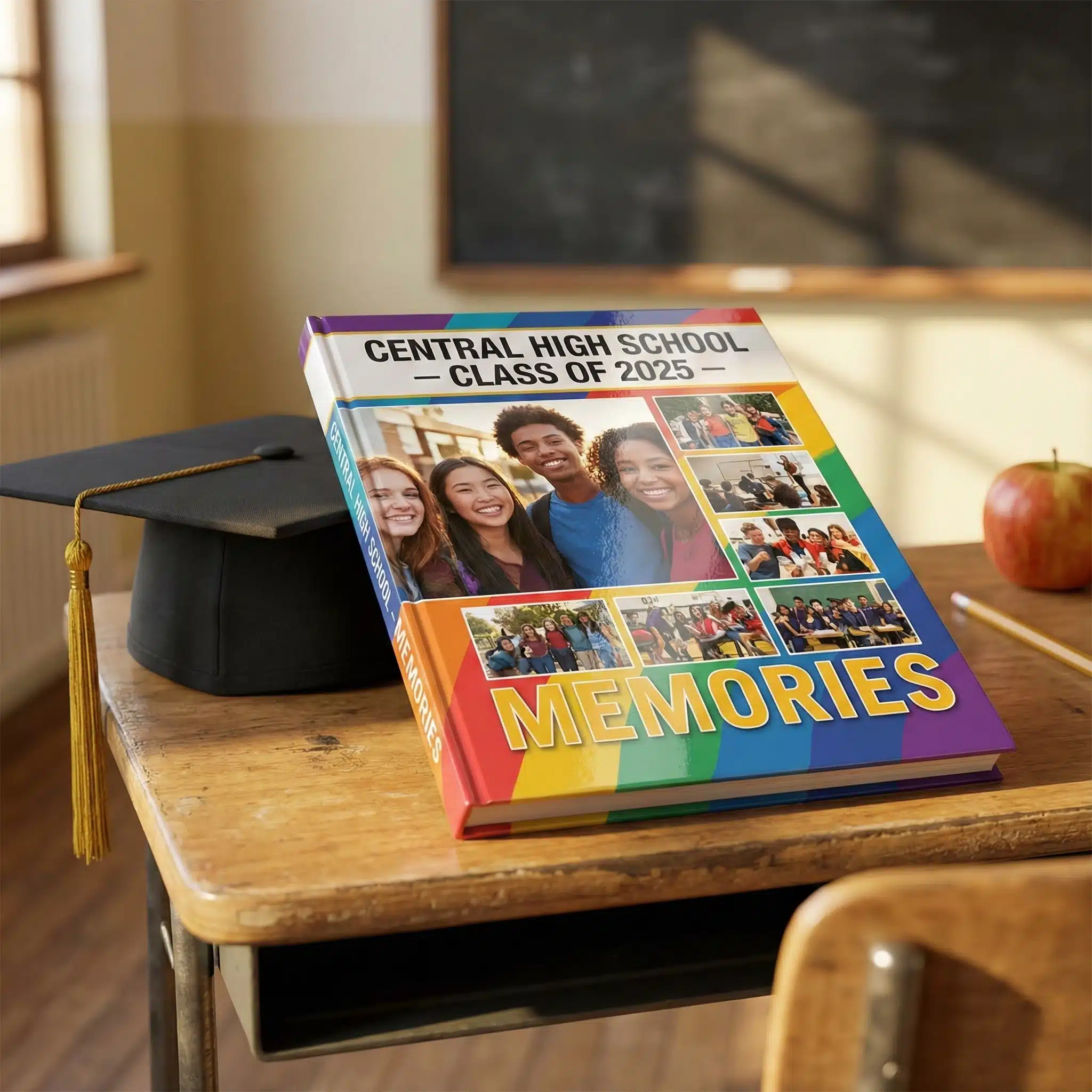 School Yearbook and Graduation Cap Custom school yearbook resting on a wooden desk next to a black graduation cap.
