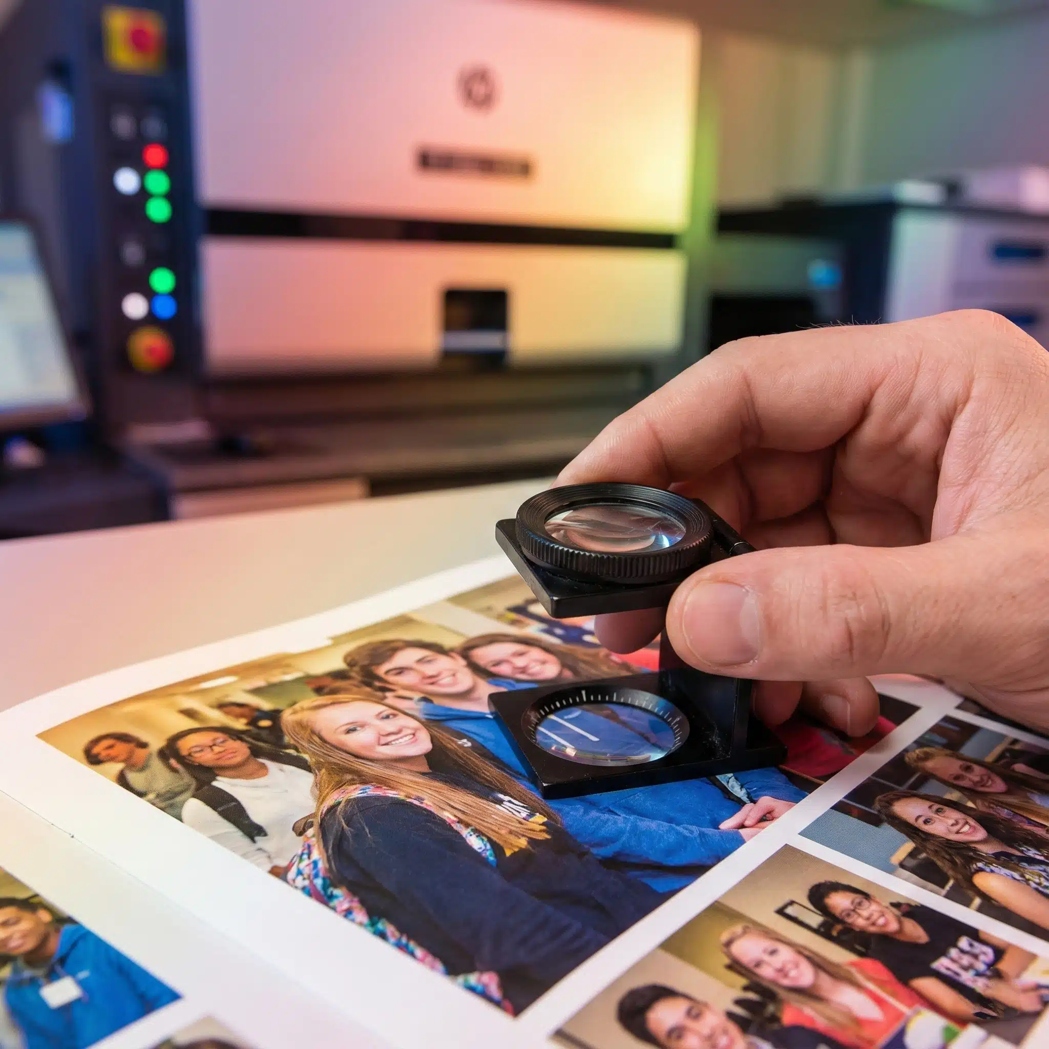 High-Quality Yearbook Printing Process Close-up of a yearbook page inspection showing high ink quality with HP Indigo press in background.