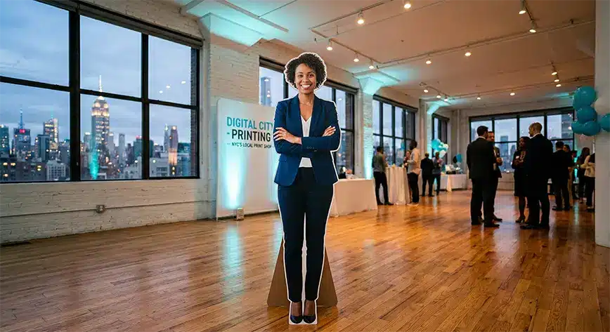 Custom Life Size Cutouts NYC Custom life size cutout of a business professional printed by Digital City Printing in NYC.