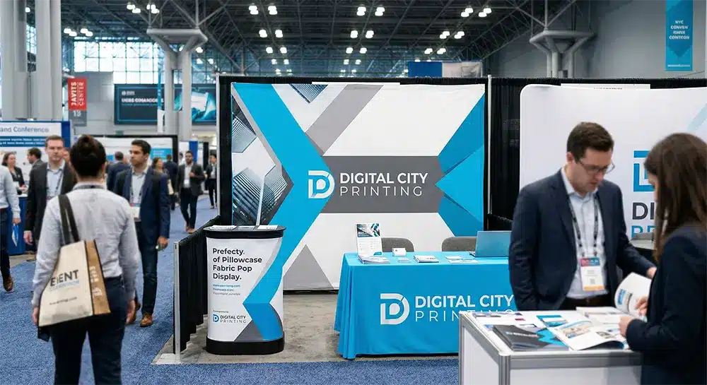 Custom Trade Show Fabric Backdrop NYC Custom 10x8 foot pillowcase fabric backdrop with cyan blue graphics set up at an NYC trade show booth.