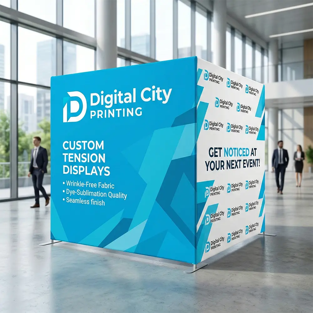 Double-Sided Tension Fabric Display Freestanding double-sided custom tension fabric display showing cyan blue graphics on front and back.