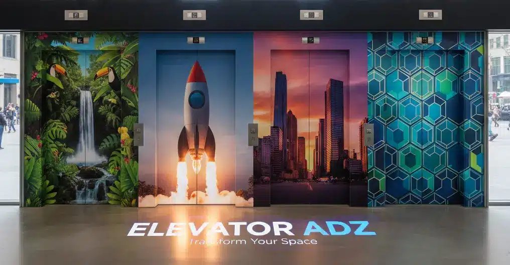 Modern custom elevator wrap featuring a blue neon cityscape design on vinyl door graphics in a luxury NYC lobby.