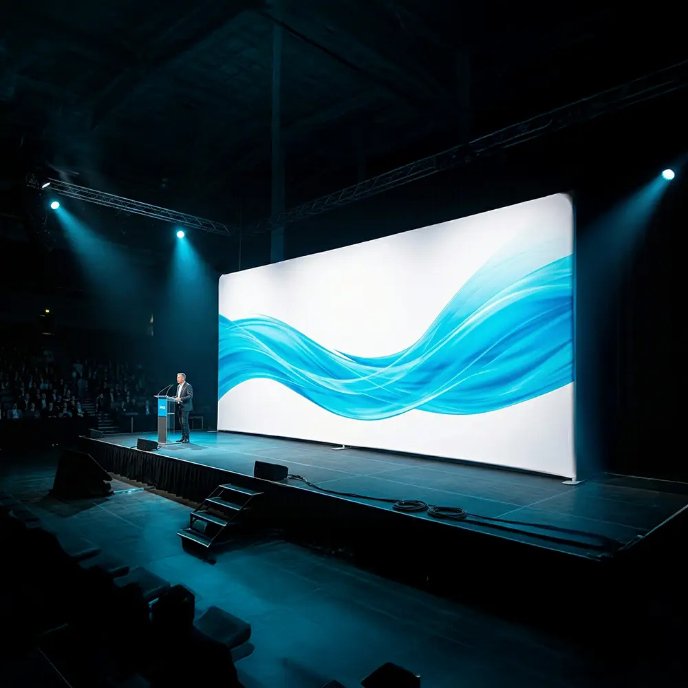 Large 20ft Wide Fabric Backdrop Massive 20-foot wide custom pillowcase fabric backdrop used as a corporate keynote stage background.