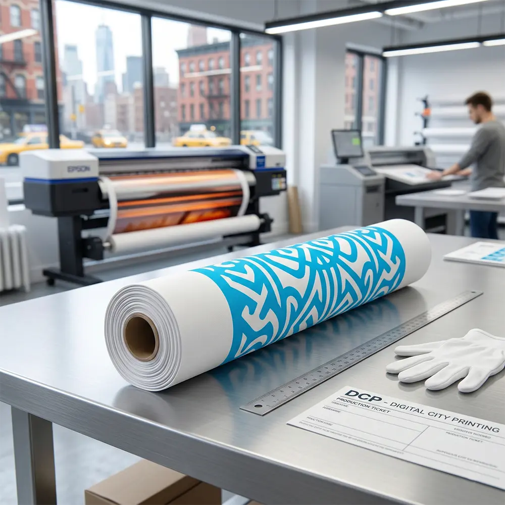 NYC Fabric Backdrop Production Rolled-up dye-sublimation fabric graphic resting on a production table inside a Midtown Manhattan print shop.