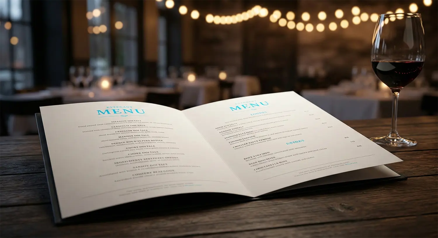 Restaurant Menu Printing NYC, premium dine-in menu on wooden table with cyan accents Restaurant menu printing in NYC showing an open premium menu with cyan accent typography on a wooden table, warm restaurant lighting, wine glass in view