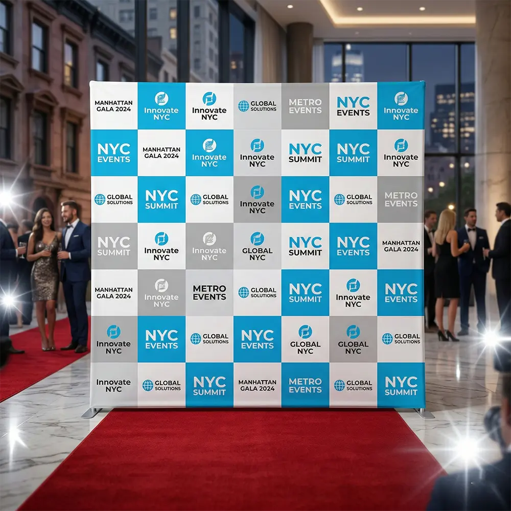 NYC Step and Repeat Fabric Banner Wrinkle-free 8x8 step and repeat fabric banner displaying brand logos on a Manhattan red carpet.