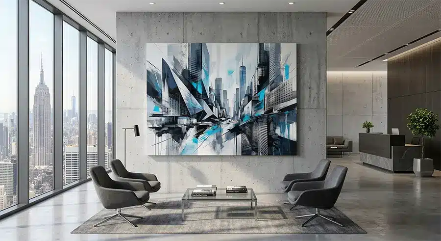 Premium Canvas Printing NYC Custom canvas printing NYC header: Gallery wrap photo canvas in professional Midtown Manhattan office with NYC skyline view