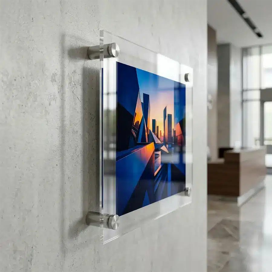 Modern Floating Acrylic Mounted Print Modern acrylic face-mounted photograph of a vibrant geometric cityscape sunset, displayed with brushed metal stand-offs on a textured concrete wall, creating a three-dimensional "floating" look in an upscale corporate lobby.