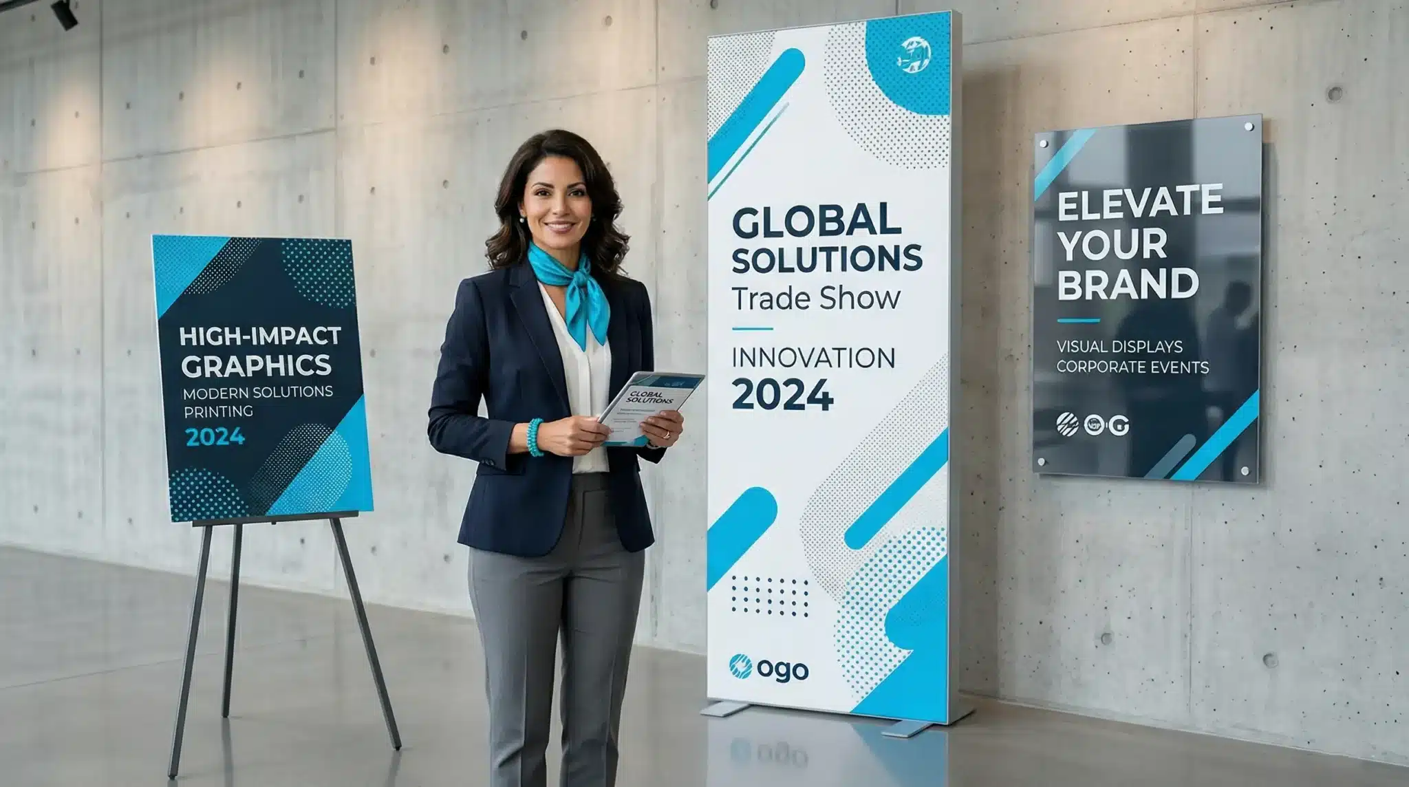 Custom Rigid Display Boards NYC Professional woman showcasing custom rigid display boards, meter boards, and acrylic signs printed by Digital City Printing in NYC.