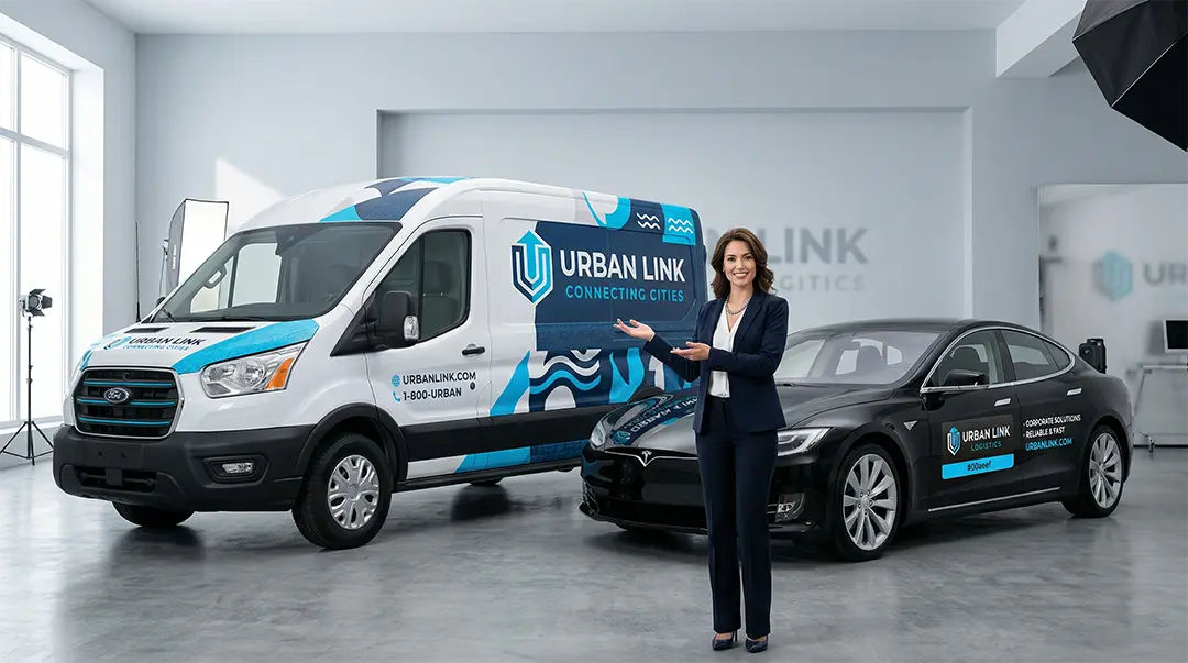 Custom Vehicle Wraps and Car Magnets NYC Professional model showcasing a delivery van with a custom vehicle wrap and a company car with magnetic signs in NYC.