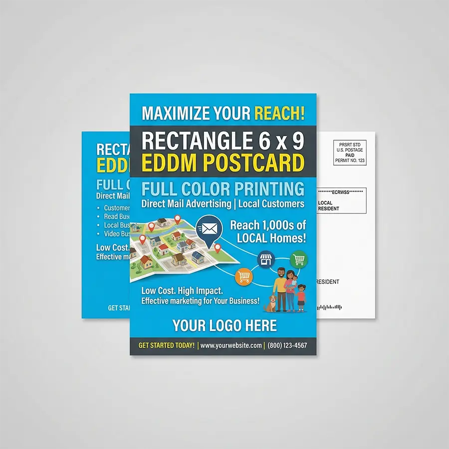 An Every Door Direct Mail (EDDM) postcard featuring a compliant USPS retail indicia, a simplified mailing address block, and a vibrant local business advertisement.