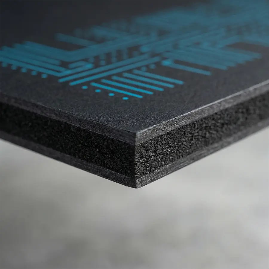 Heavy-Duty Gator Board Mounting Detail Close-up technical shot showing the layered structure and dense foam core of a black Gator Board.