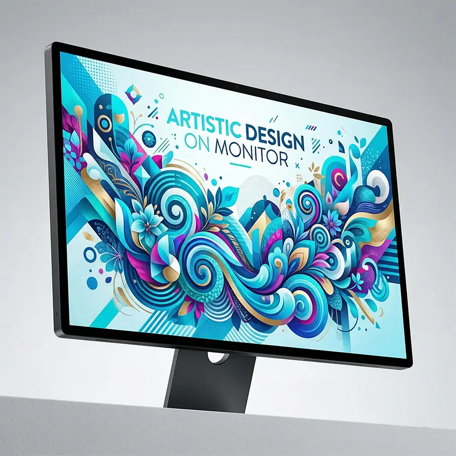 A high-resolution computer monitor displaying a graphic design project in progress, featuring vector paths, color palettes, and typography layout in professional design software.