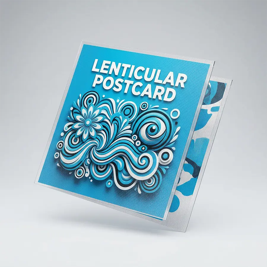 Close-up of a lenticular print card showing a 3D depth illusion and shifting image effect created by an interlaced plastic lens coating.
