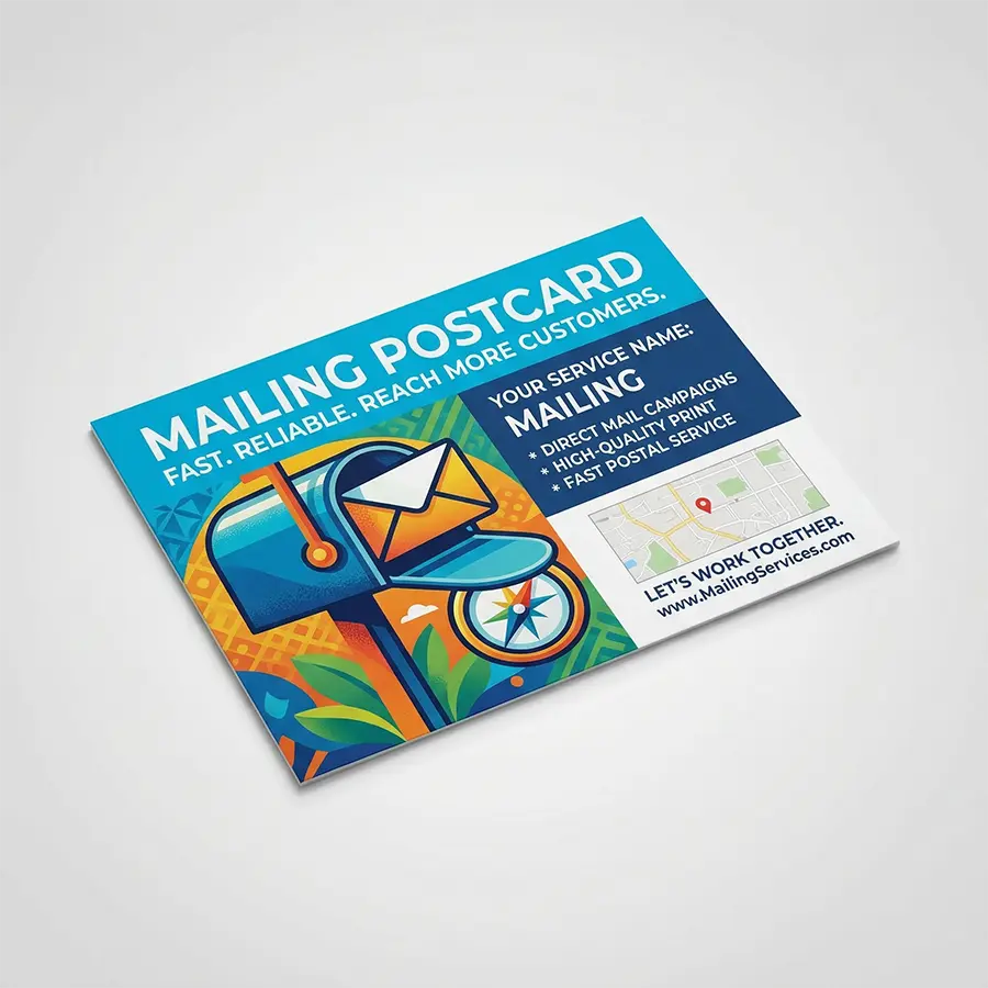 Neat stacks of printed marketing postcards with address labels and postage indices, organized for bulk mailing in a fulfillment center.