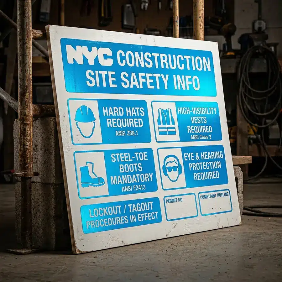 Rugged MDO Plywood Sign Boards for Construction A rustic, painted MDO plywood sign detailing comprehensive NYC construction safety rules.
