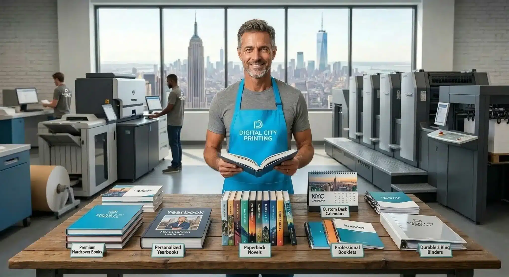 Your Complete Book Printing Solution | NYC Printing Services A smiling Digital City Printing operator with a cyan apron presenting an open hardcover book inside a Manhattan production facility, with various other printed products like paperbacks, yearbooks, calendars, and binders displayed with signs, against the NYC skyline.